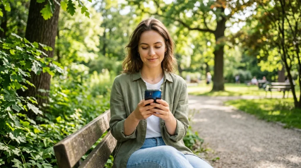 Personne sereine dans un parc tenant un smartphone, recherche opérateur 0627