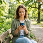 Personne sereine dans un parc tenant un smartphone, recherche opérateur 0627