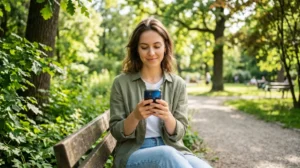 Personne sereine dans un parc tenant un smartphone, recherche opérateur 0627