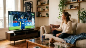 Personne se détendant sur un canapé devant une TV affichant un match, évoquant le divertissement IPTV.