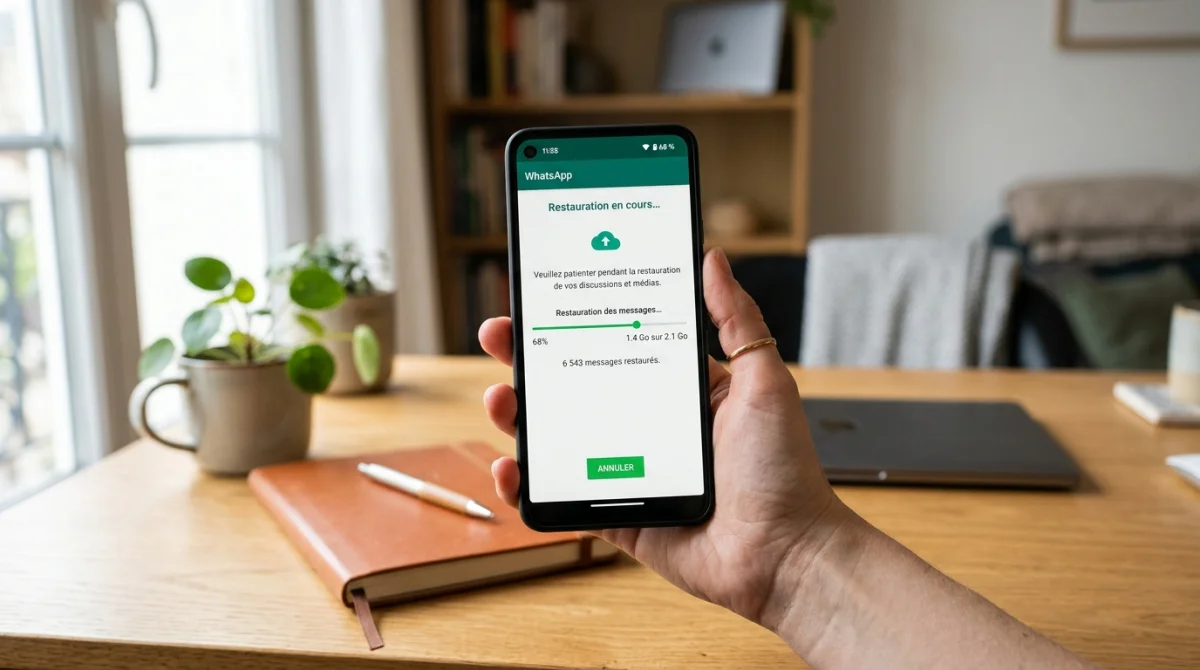 Main tenant smartphone affichant la récupération de sauvegarde WhatsApp sur Google Drive