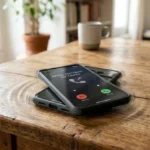 Smartphone affichant un appel inconnu, sur table en bois, suggérant un spam 0568.