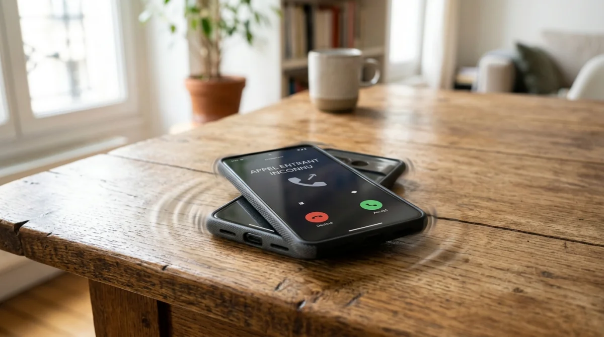 Smartphone affichant un appel inconnu, sur table en bois, suggérant un spam 0568.