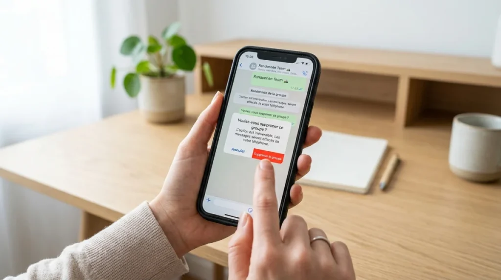 Main tenant un smartphone affichant la suppression d'un groupe WhatsApp.