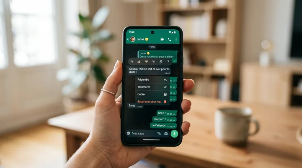 Maintenant un smartphone avec WhatsApp affichant l'option pour effacer un message.