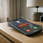 Smartphone affichant une alerte de suspicion de spam, notification vibrante visible.