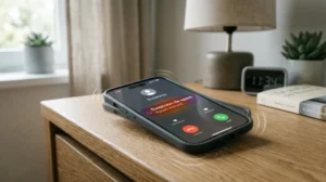 Smartphone affichant une alerte de suspicion de spam, notification vibrante visible.