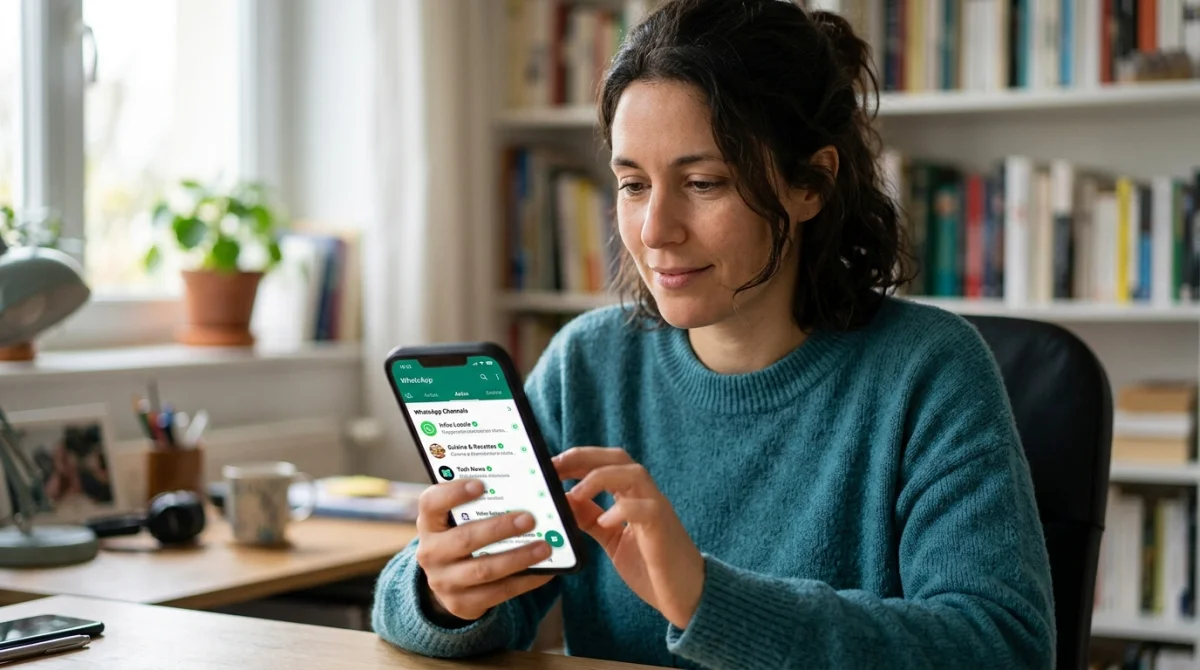 Personne cherchant une chaîne WhatsApp sur son smartphone, onglet Actus visible.