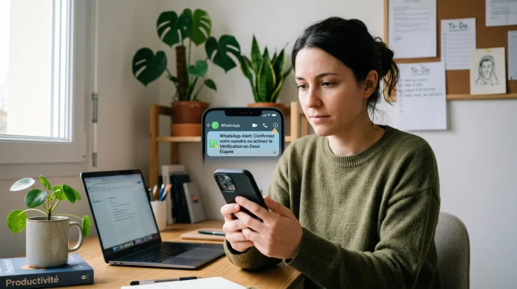Personne avec smartphone affichant alerte WhatsApp spam, bureau à domicile lumineux.
