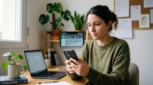 Personne avec smartphone affichant alerte WhatsApp spam, bureau à domicile lumineux.