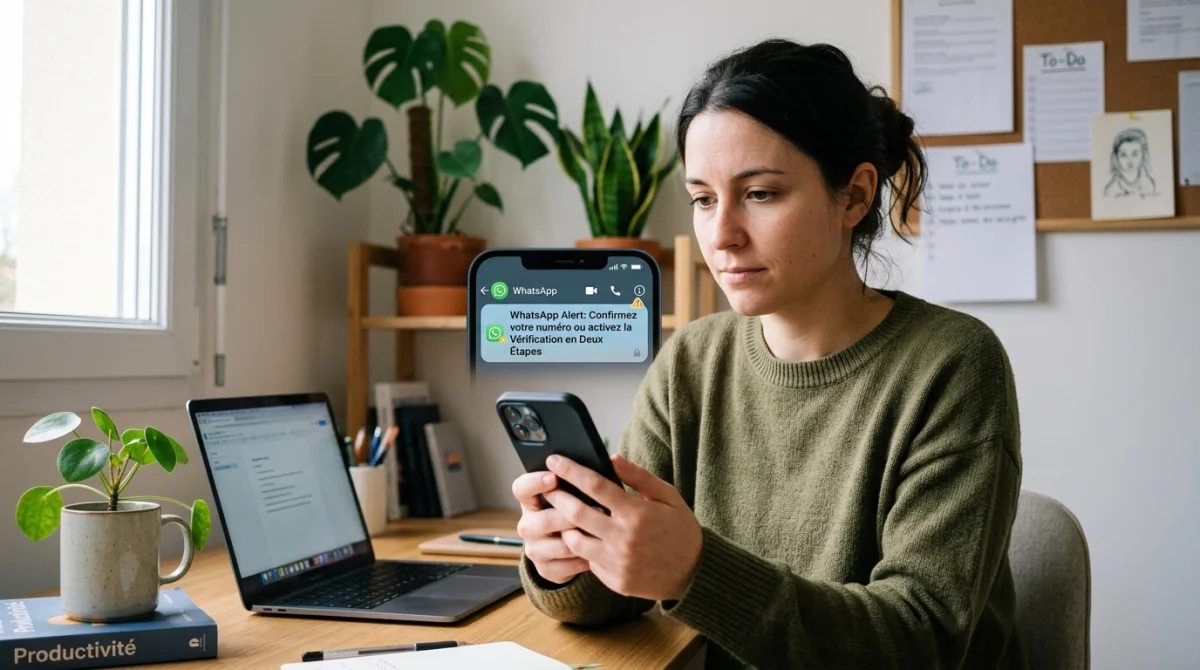 Personne avec smartphone affichant alerte WhatsApp spam, bureau à domicile lumineux.