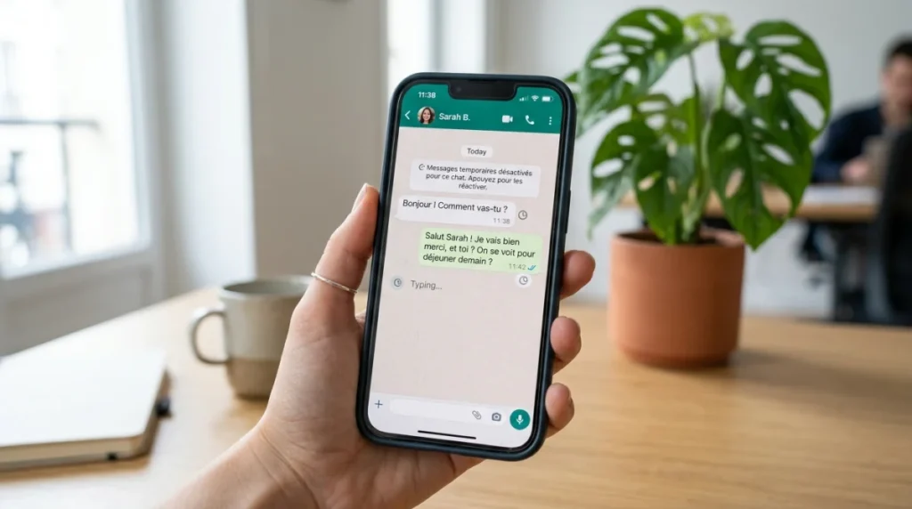 Smartphone affichant un message éphémère WhatsApp, main tenant le téléphone sur un bureau.