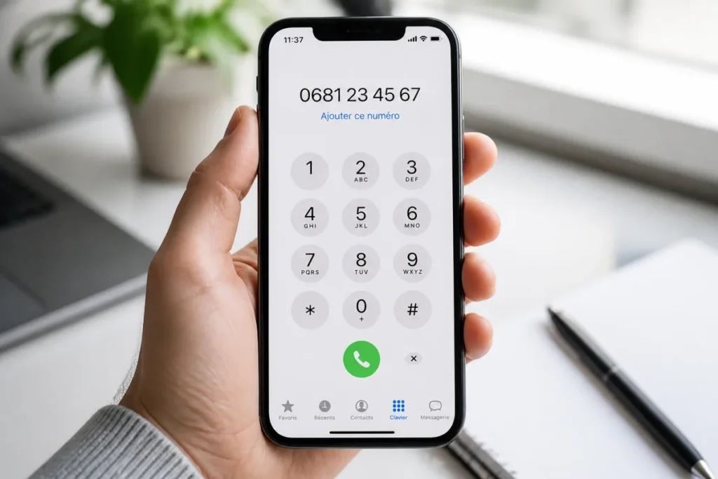 Main tenant un smartphone affichant un numéro 0681 pour identifier quel opérateur utilise ce préfixe téléphonique.
