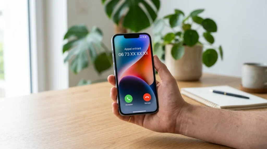 Smartphone moderne affichant un appel entrant avec le préfixe 0673 sur un bureau lumineux et épuré.