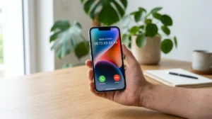 Smartphone moderne affichant un appel entrant avec le préfixe 0673 sur un bureau lumineux et épuré.