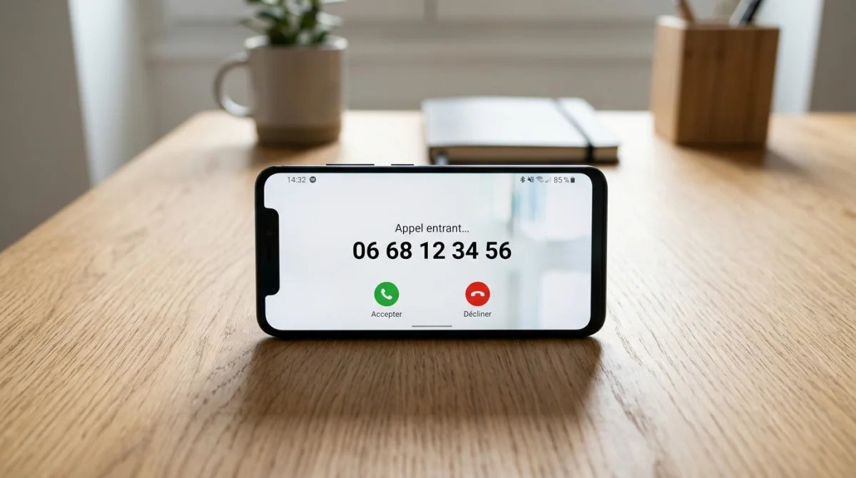 Smartphone moderne sur une table en bois affichant un numéro 06 68 pour identifier quel opérateur choisir.