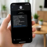 Main tenant un smartphone affichant un SMS frauduleux concernant une carte de santé pour illustrer une arnaque assurance maladie.