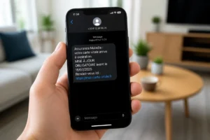 Main tenant un smartphone affichant un SMS frauduleux concernant une carte de santé pour illustrer une arnaque assurance maladie.