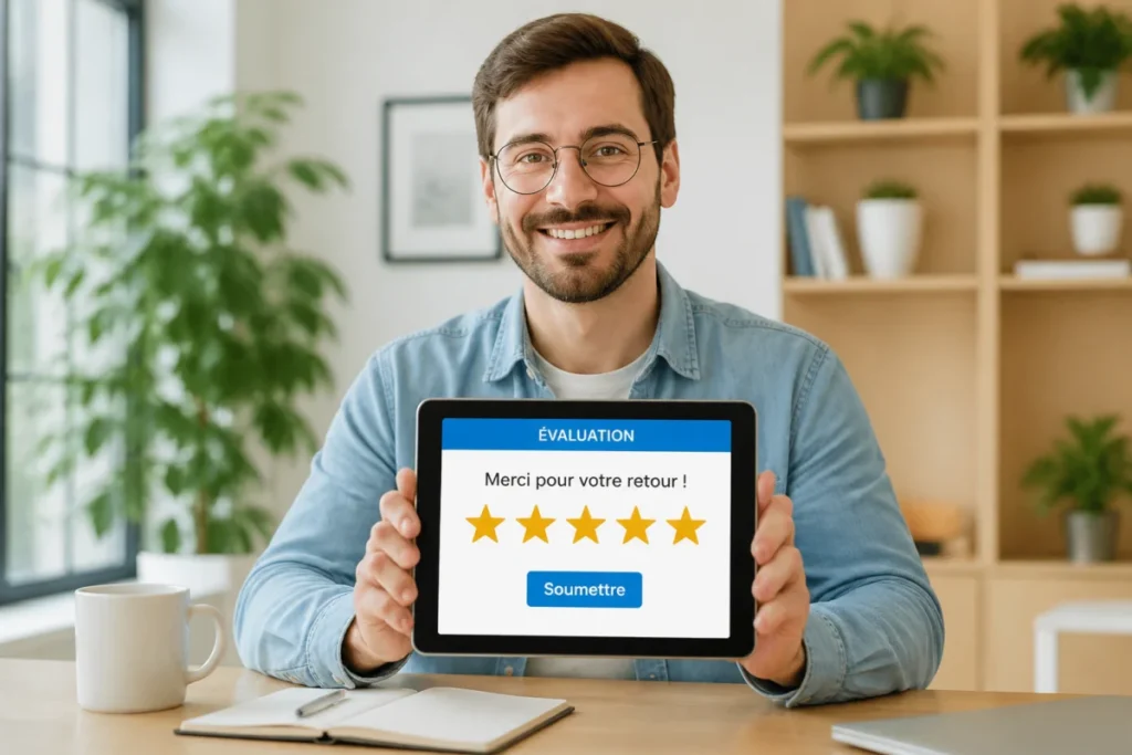 Personne souriante consultant des avis clients positifs sur une tablette numérique dans un bureau moderne et lumineux.