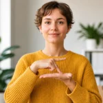 Jeune femme en pull jaune utilisant la langue des signes pour expliquer comment contacter Free Mobile.