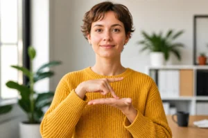 Jeune femme en pull jaune utilisant la langue des signes pour expliquer comment contacter Free Mobile.