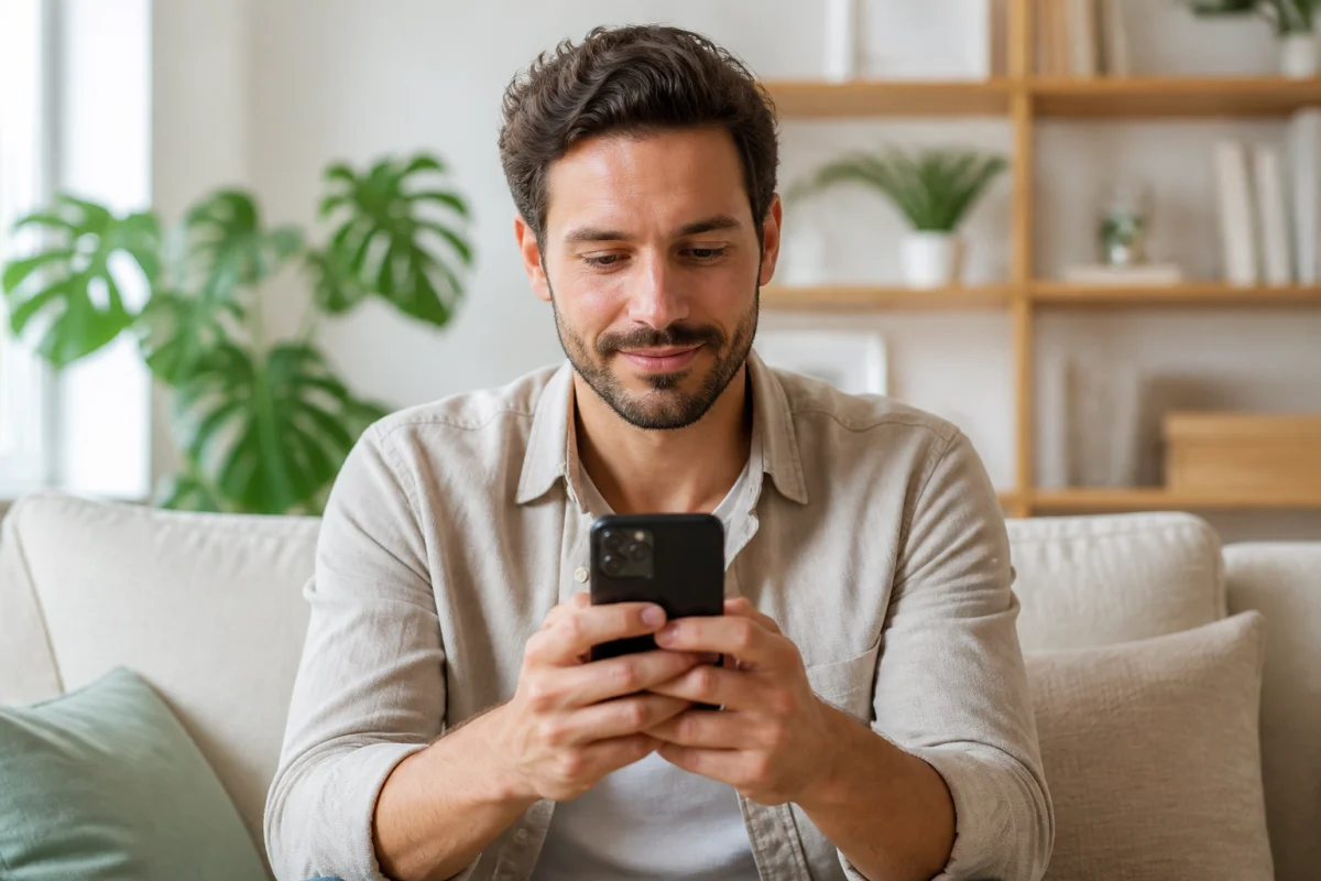 Personne sereine utilisant son smartphone dans un salon lumineux pour effectuer les démarches pour résilier Free Mobile.