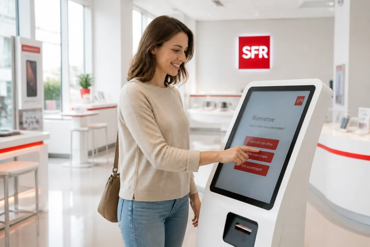 Client souriant utilisant une borne interactive dans une boutique Free pour contacter le service client mobile.