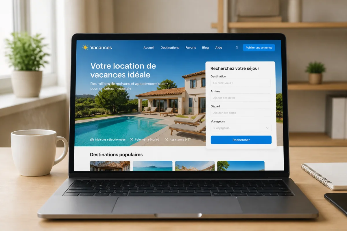 Écran d'ordinateur affichant une réservation de location de vacances sur un bureau en bois pour illustrer une arnaque Airbnb.