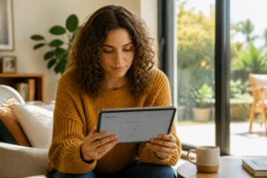 Jeune femme concentrée sur sa tablette dans un salon lumineux pour vérifier une réservation contre toute arnaque Airbnb.