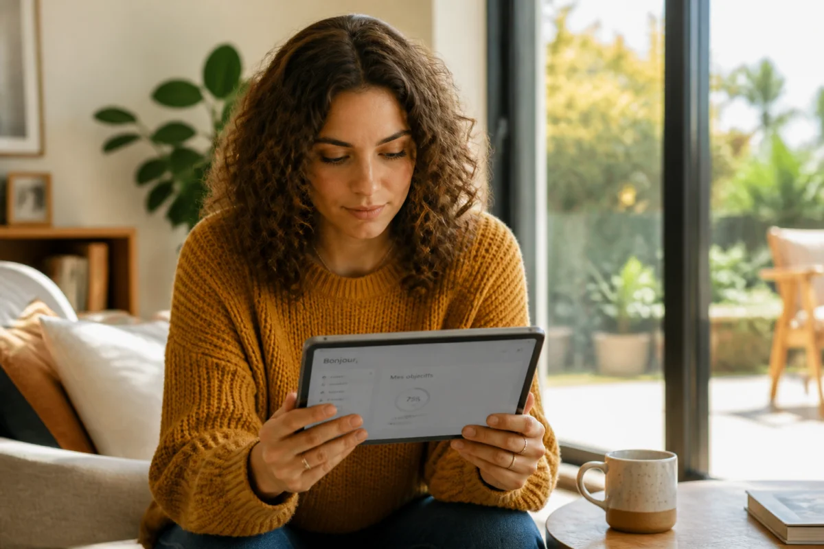 Jeune femme concentrée sur sa tablette dans un salon lumineux pour vérifier une réservation contre toute arnaque Airbnb.