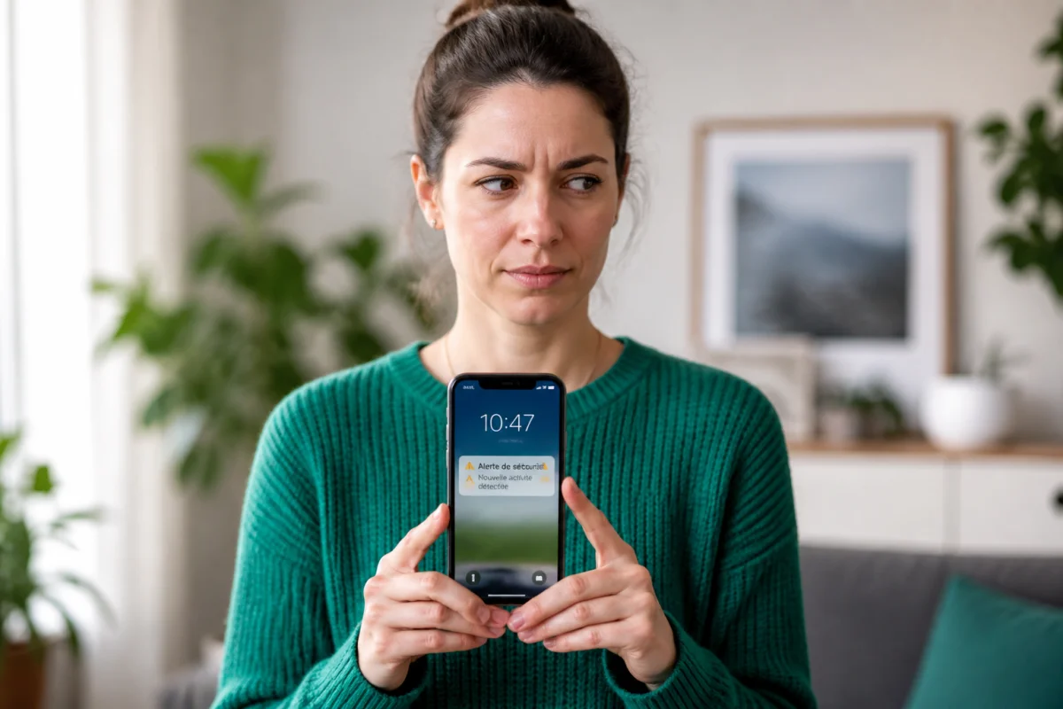 Femme méfiante consultant une notification suspecte sur son smartphone pour se protéger d'une arnaque assurance maladie par SMS.
