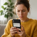 Femme méfiante consultant son smartphone dans un salon lumineux, illustrant la vigilance face à une arnaque SMS.