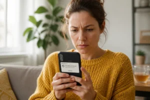 Femme méfiante consultant son smartphone dans un salon lumineux, illustrant la vigilance face à une arnaque SMS.