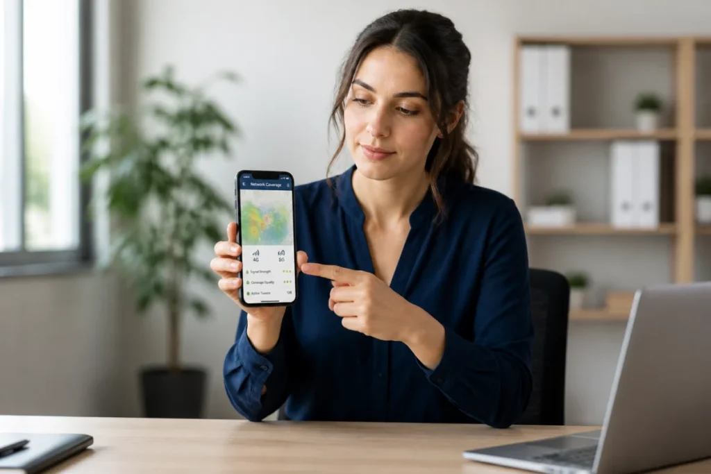 Une femme professionnelle consulte une carte de couverture réseau sur son smartphone dans un bureau moderne et lumineux.