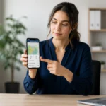 Une femme professionnelle consulte une carte de couverture réseau sur son smartphone dans un bureau moderne et lumineux.