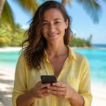 Femme souriante tenant un smartphone sur une plage de Nouvelle-Calédonie pour vérifier quel opérateur 0687 utiliser.