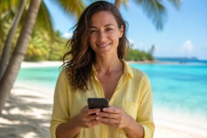 Femme souriante tenant un smartphone sur une plage de Nouvelle-Calédonie pour vérifier quel opérateur 0687 utiliser.