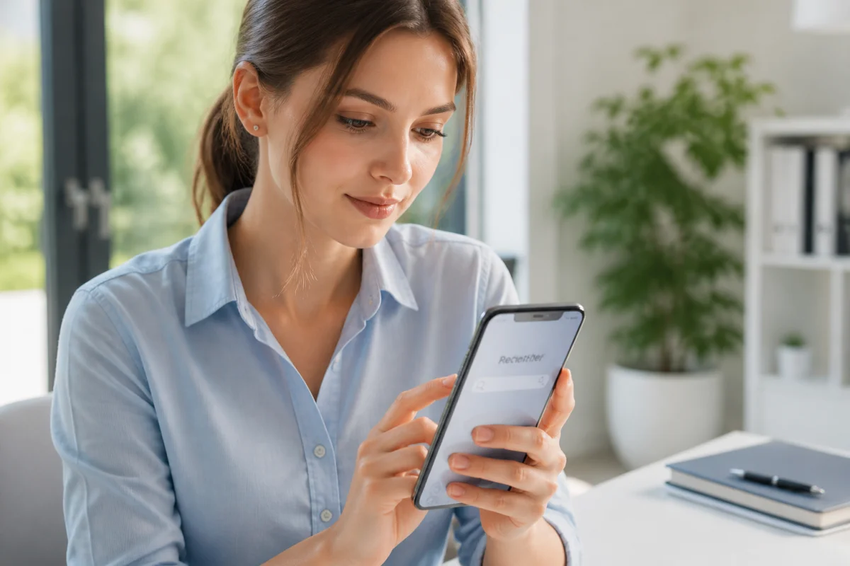 Jeune femme concentrée consultant son smartphone dans un bureau moderne pour identifier l'opérateur du numéro 0767.