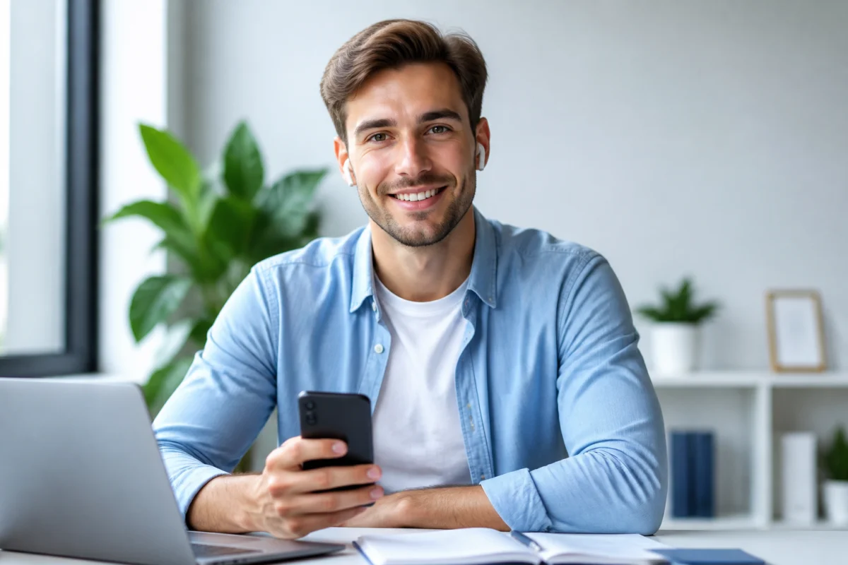 Jeune adulte souriant utilisant un smartphone et des écouteurs dans un espace de travail minimaliste pour écouter des fichiers.