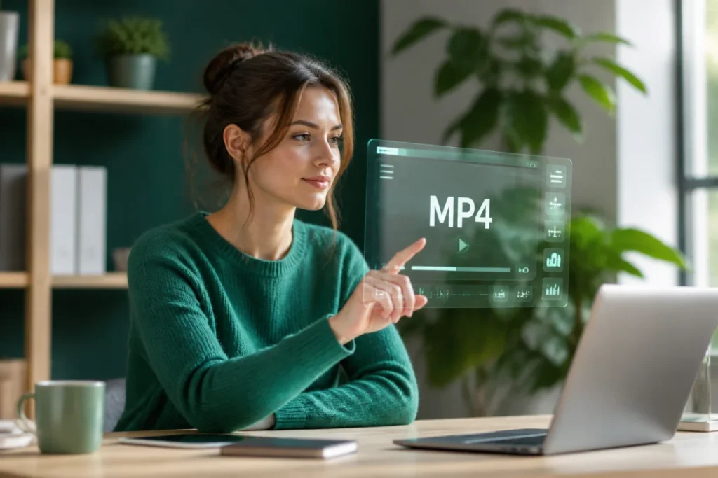 Professionnelle travaillant sur une interface holographique affichant le format MP4 dans un bureau moderne et lumineux.