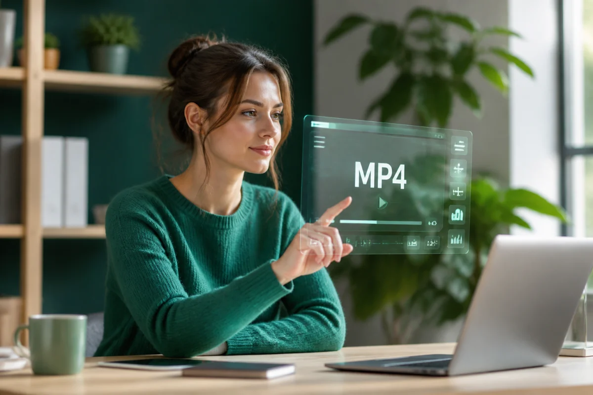 Professionnelle travaillant sur une interface holographique affichant le format MP4 dans un bureau moderne et lumineux.