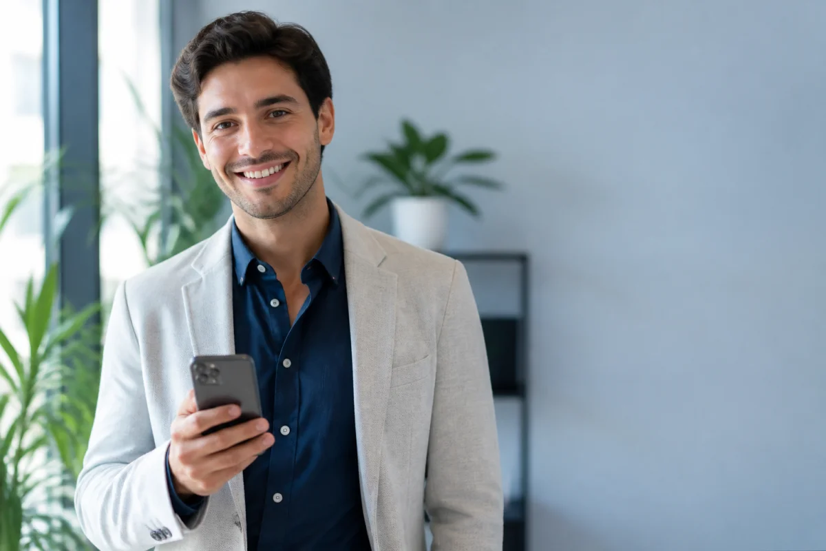 Jeune professionnel souriant utilisant un smartphone dans un bureau moderne pour identifier l'opérateur du numéro 0759.