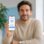 Personne consultant son smartphone dans un bureau lumineux pour identifier l'opérateur derrière le numéro 0679.