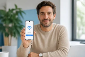 Personne consultant son smartphone dans un bureau lumineux pour identifier l'opérateur derrière le numéro 0679.