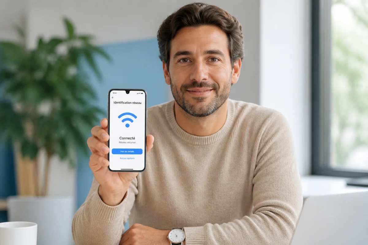 Personne consultant son smartphone dans un bureau lumineux pour identifier l'opérateur derrière le numéro 0679.