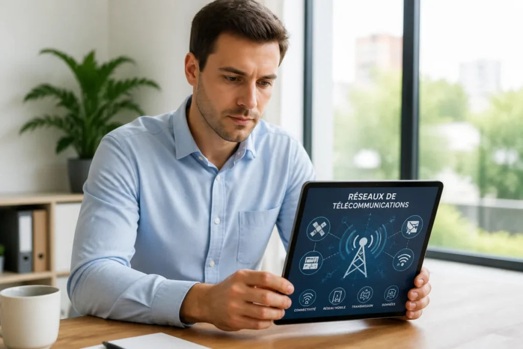 Personne consultant une tablette affichant des informations sur les réseaux télécoms pour identifier quel opérateur utilise le 0695.