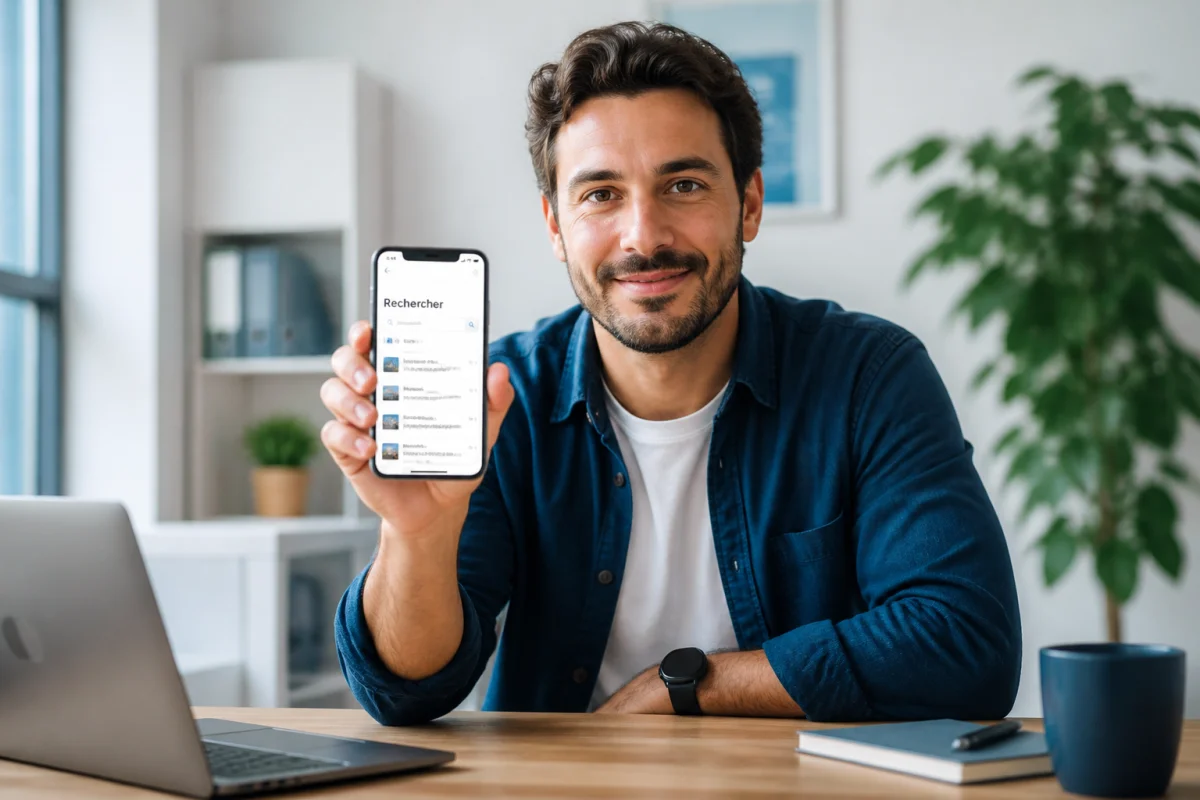 Personne souriante consultant son smartphone dans un bureau moderne pour identifier l'opérateur du numéro 0778.