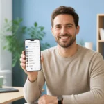 Personne souriante tenant un smartphone pour identifier un opérateur téléphonique dans un bureau moderne et lumineux.