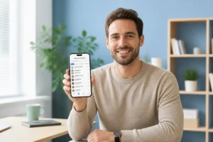 Personne souriante tenant un smartphone pour identifier un opérateur téléphonique dans un bureau moderne et lumineux.