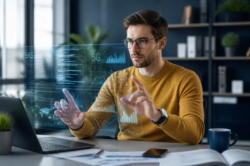 Jeune informaticien analysant des données numériques sur une interface holographique pour identifier quel opérateur utilise le 0763.